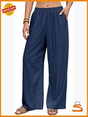 Linen Wide Leg Palazzo Pants with Pockets Flowy Summer Trousers